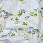 Floral pattern with green leaves and beige stems on a light blue background