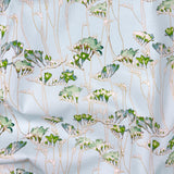 Floral pattern with green leaves and beige stems on a light blue background