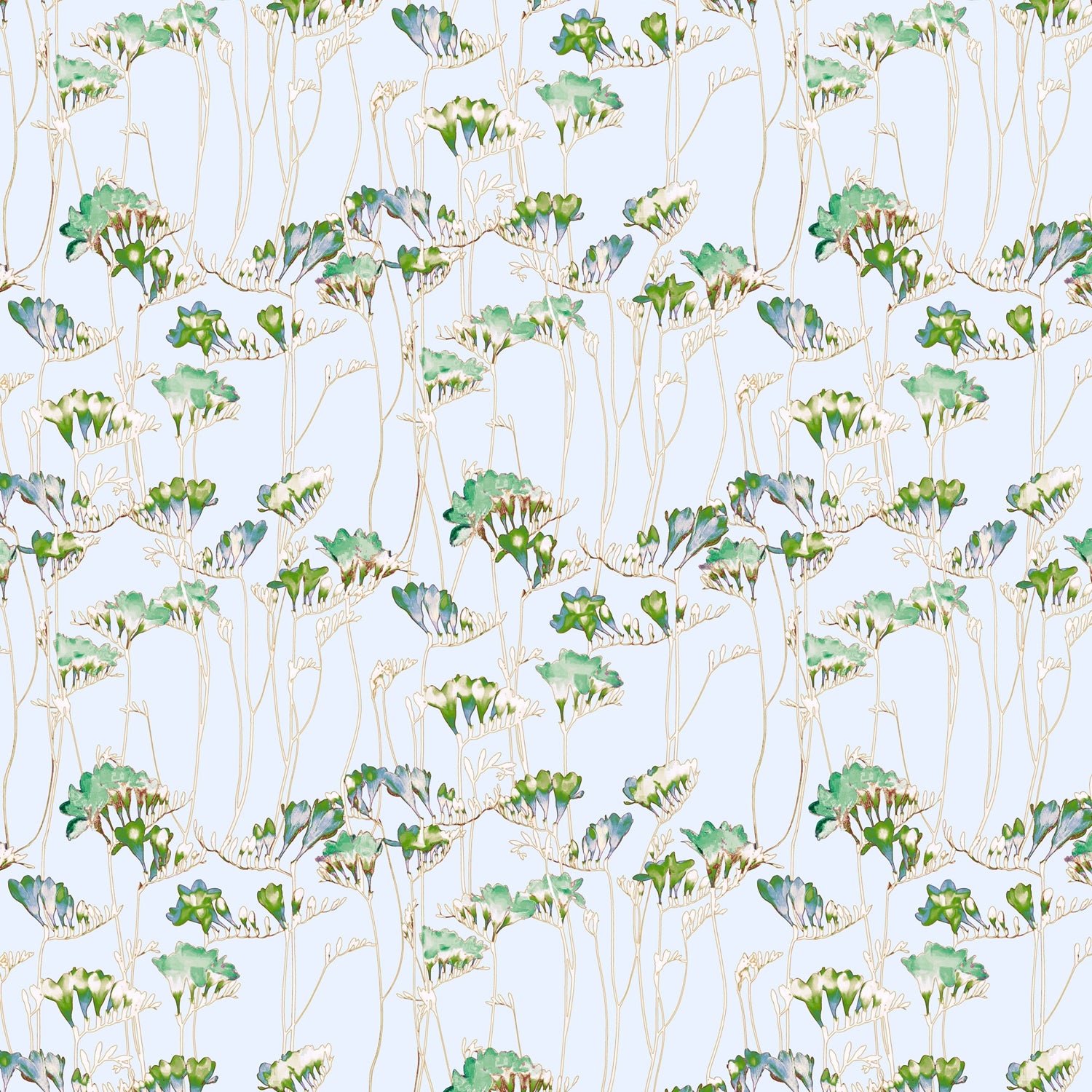 Pattern of green leaves and branches on a light blue background