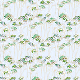 Pattern of green leaves and branches on a light blue background