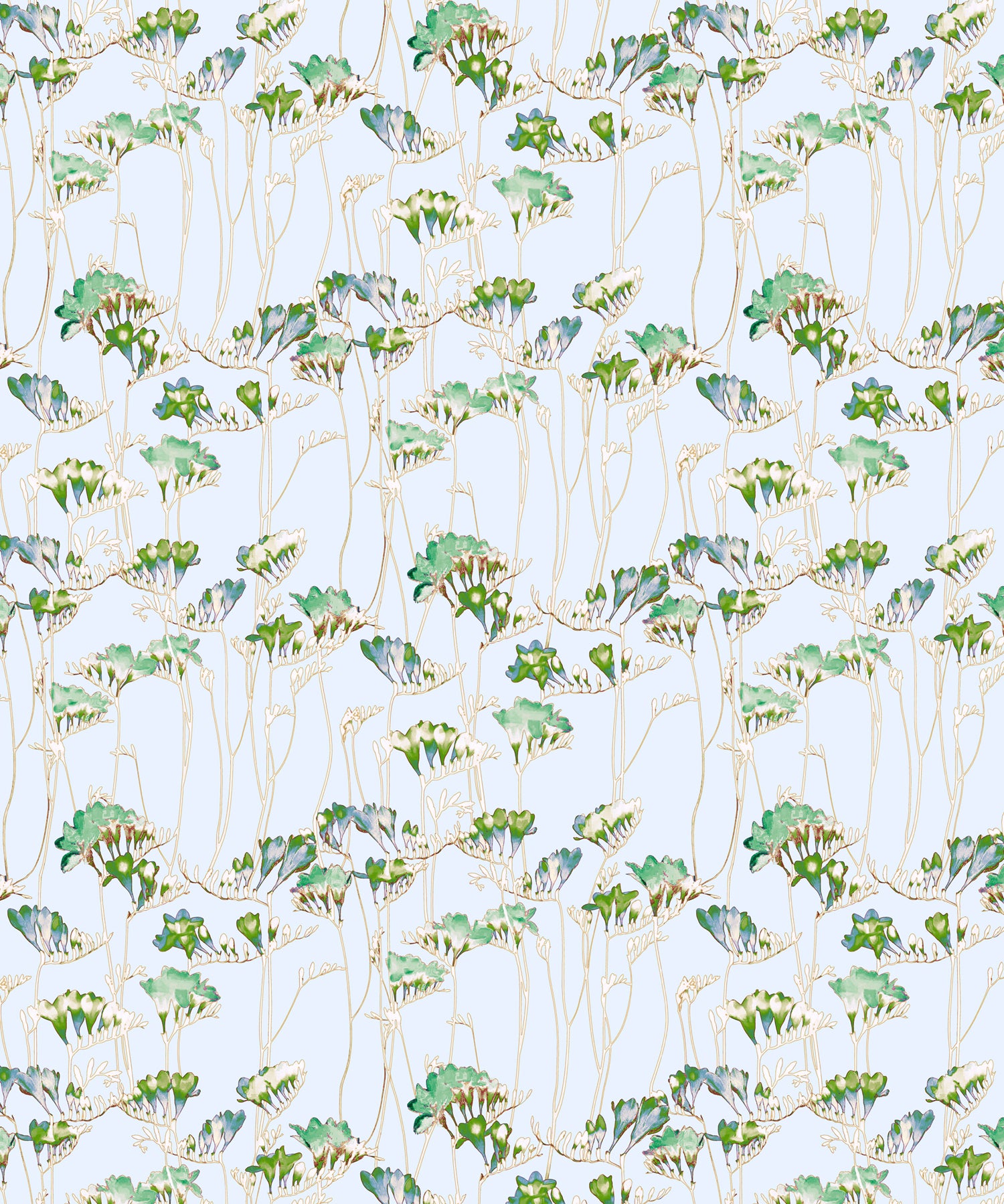 Pattern of green leaves and branches on a light blue background