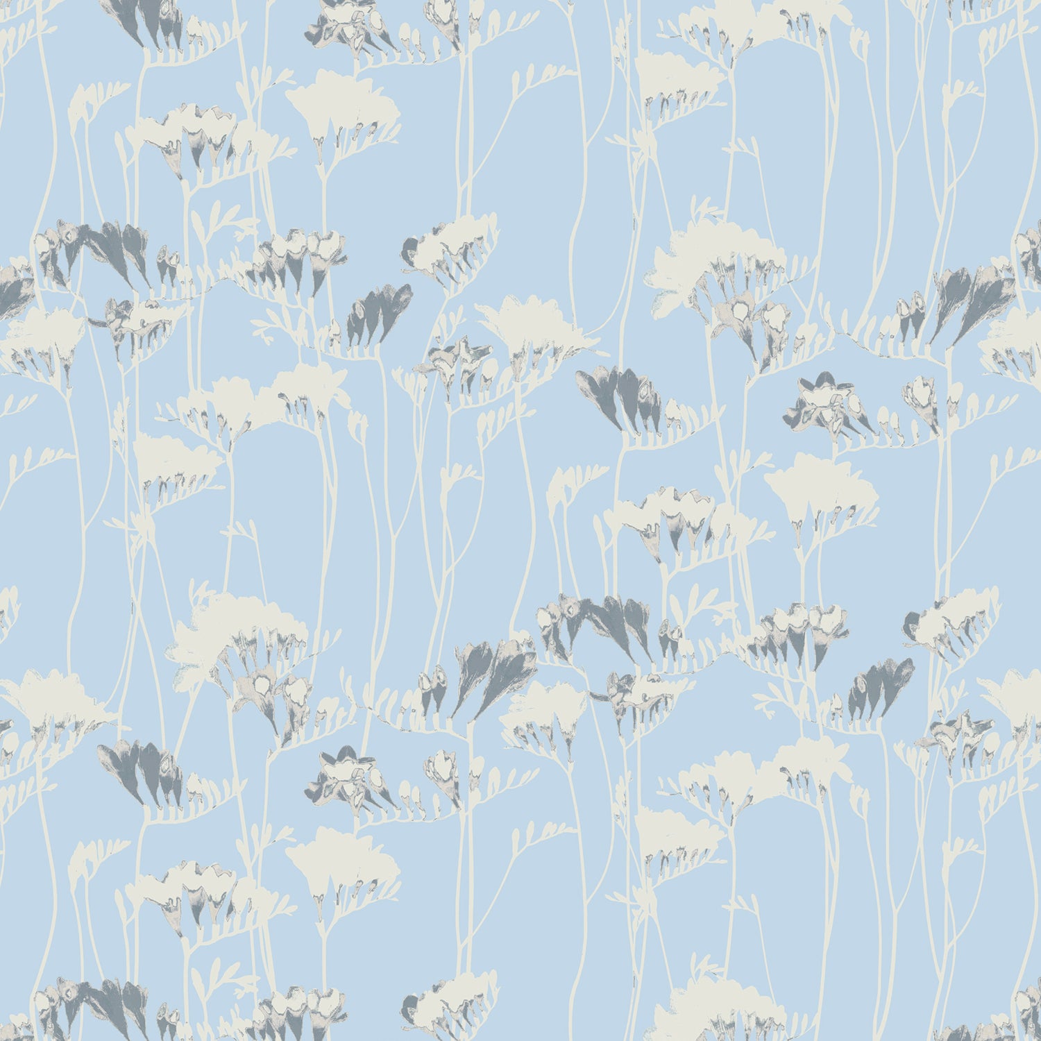 Floral pattern with white and gray flowers on a light blue background