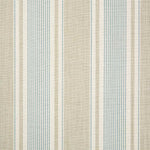 Detail of fabric in a classic stripe print in blue and light brown on a cream field.