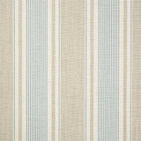 Detail of fabric in a classic stripe print in blue and light brown on a cream field.