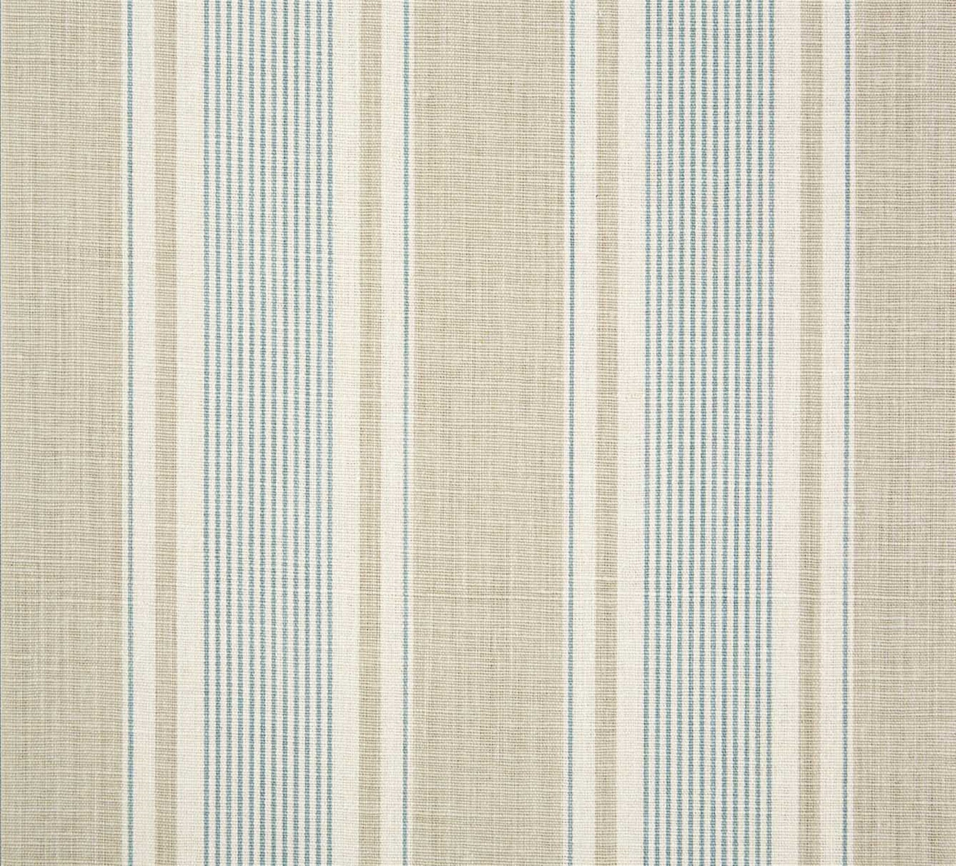 Detail of fabric in a classic stripe print in blue and light brown on a cream field.