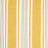 Detail of fabric in a classic stripe print in yellow and gray on a cream field.