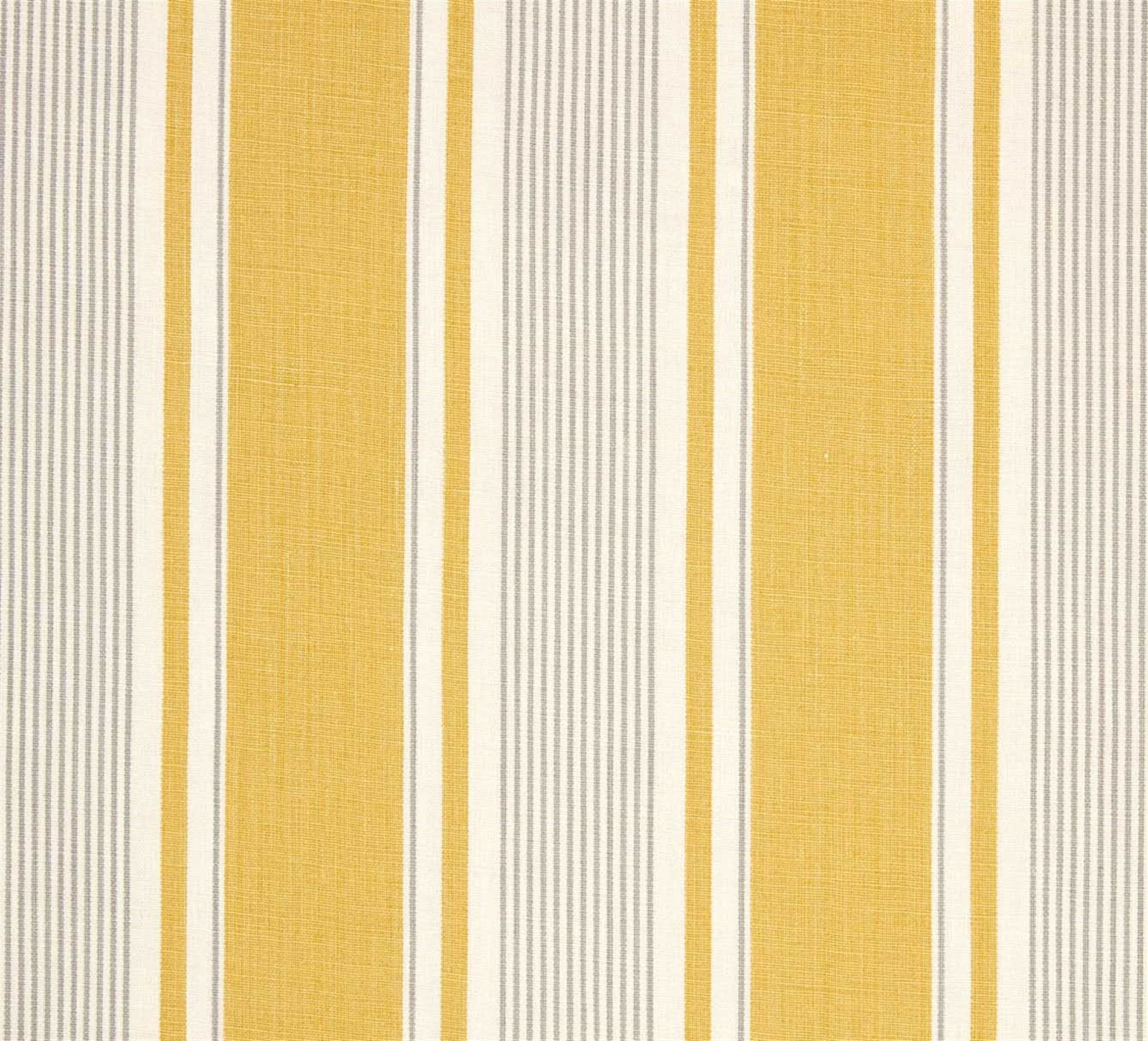 Detail of fabric in a classic stripe print in yellow and gray on a cream field.