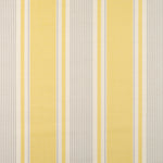 Detail of fabric in a classic stripe print in yellow and gray on a cream field.