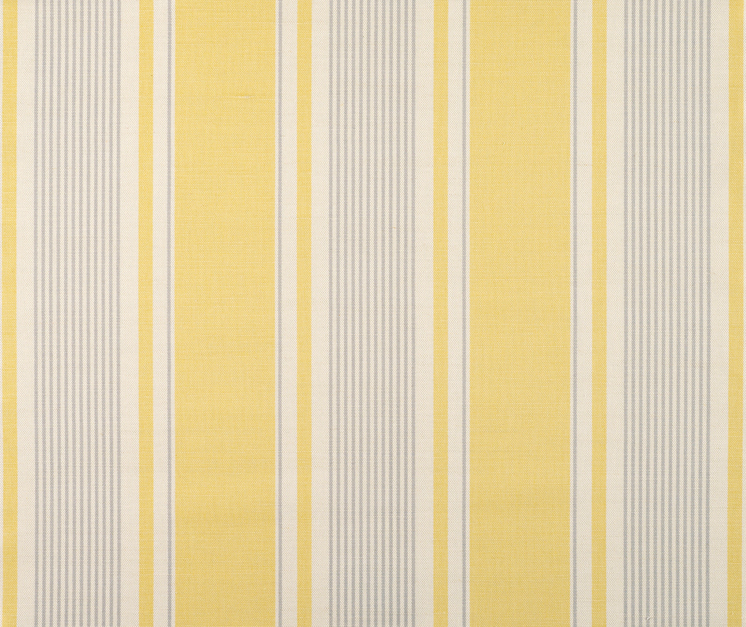 Detail of fabric in a classic stripe print in yellow and gray on a cream field.