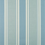 Detail of fabric in a classic stripe print in blue and turquoise on a cream field.