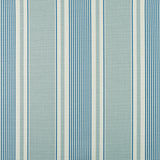 Detail of fabric in a classic stripe print in blue and turquoise on a cream field.