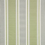 Detail of fabric in a classic stripe print in green and gray on a cream field.