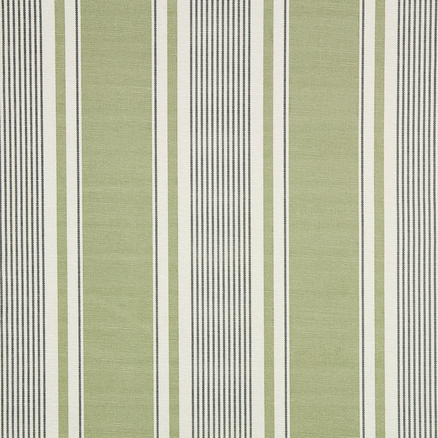 Detail of fabric in a classic stripe print in green and gray on a cream field.