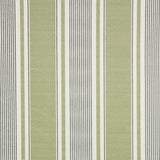 Detail of fabric in a classic stripe print in green and gray on a cream field.