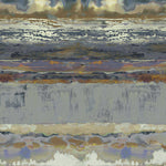 Detail of fabric in an abstract paint swatch print in shades of blue-gray, purple and cream.