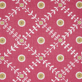 Detail of fabric in a flower and leaf lattice print in yellow and white on a red field.