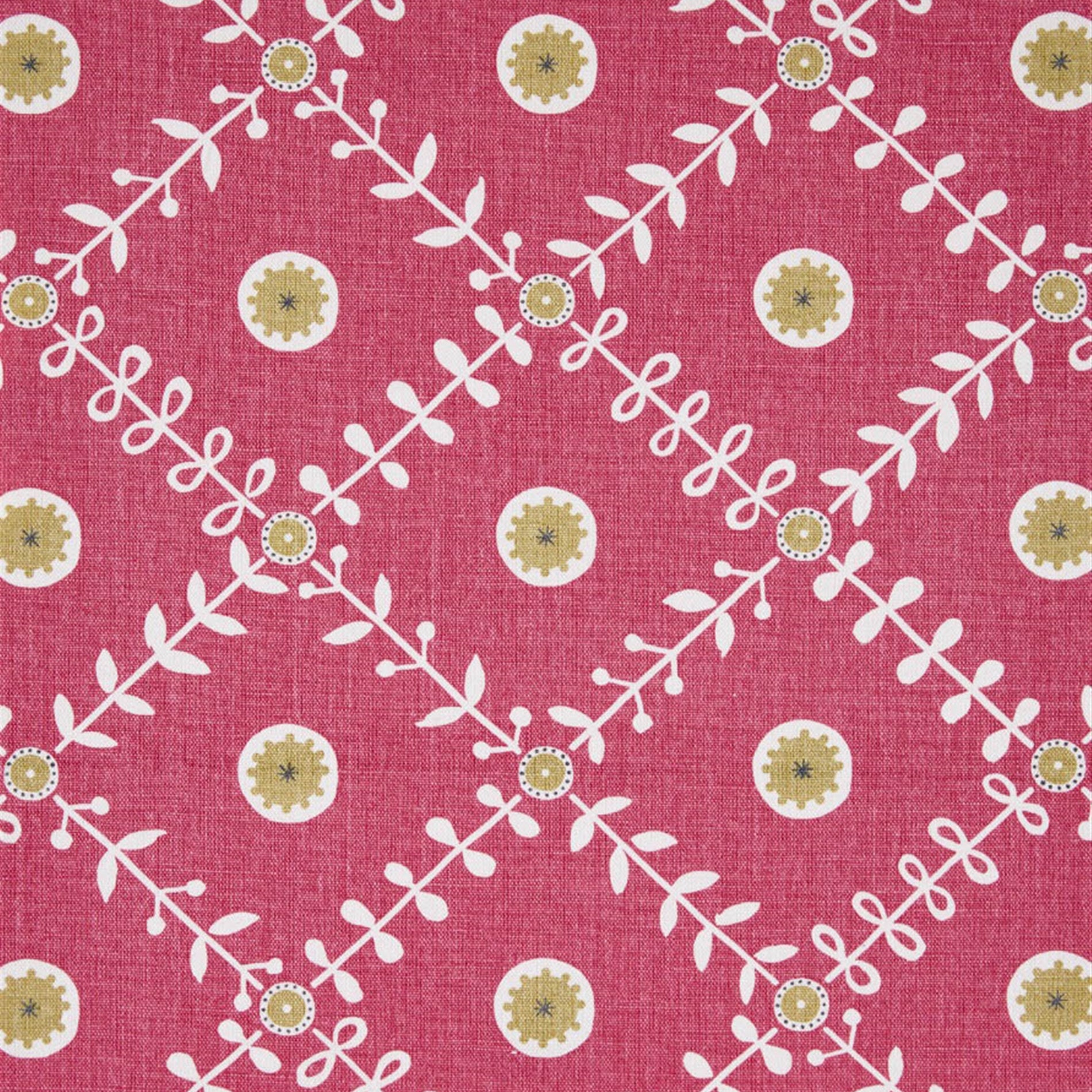 Detail of fabric in a flower and leaf lattice print in yellow and white on a red field.