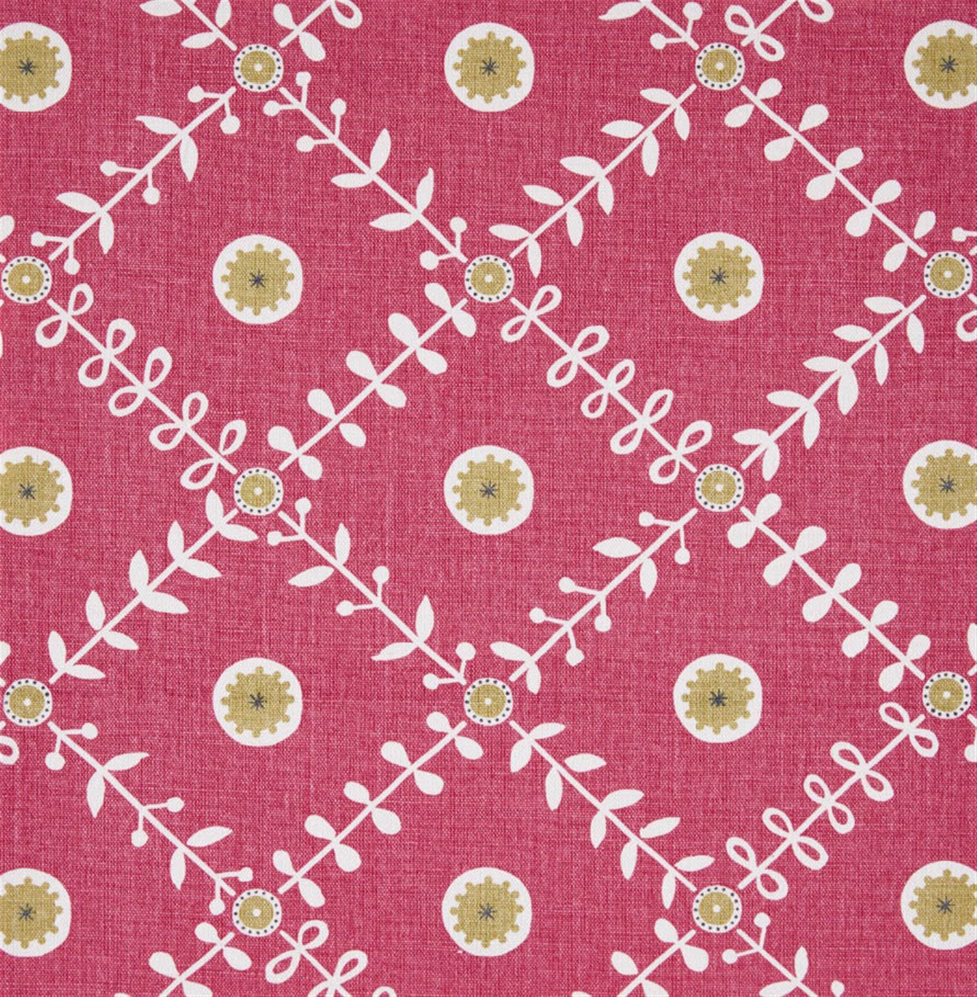 Detail of fabric in a flower and leaf lattice print in yellow and white on a red field.