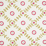 Detail of fabric in a flower and leaf lattice print in red and green on a white field.