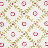 Detail of fabric in a flower and leaf lattice print in red and green on a white field.