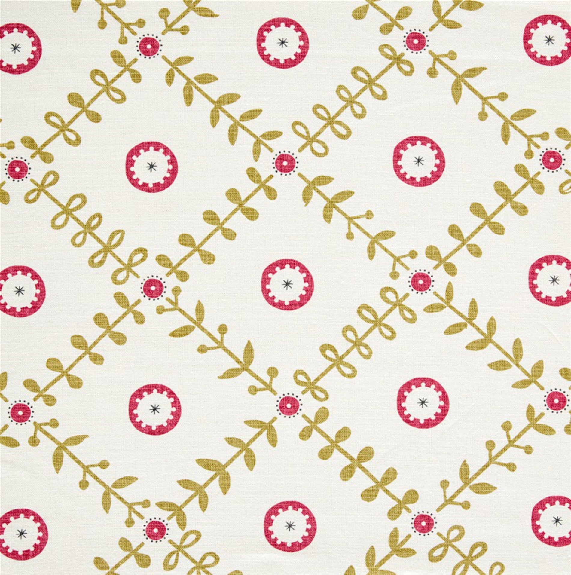 Detail of fabric in a flower and leaf lattice print in red and green on a white field.