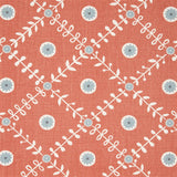 Detail of fabric in a flower and leaf lattice print in gray and white on a burnt orange field.