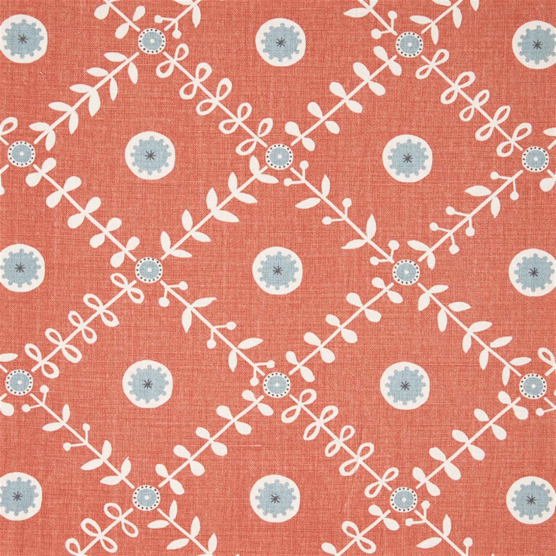 Detail of fabric in a flower and leaf lattice print in gray and white on a burnt orange field.