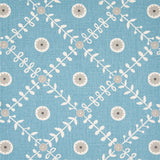 Detail of fabric in a flower and leaf lattice print in gray and white on a blue field.