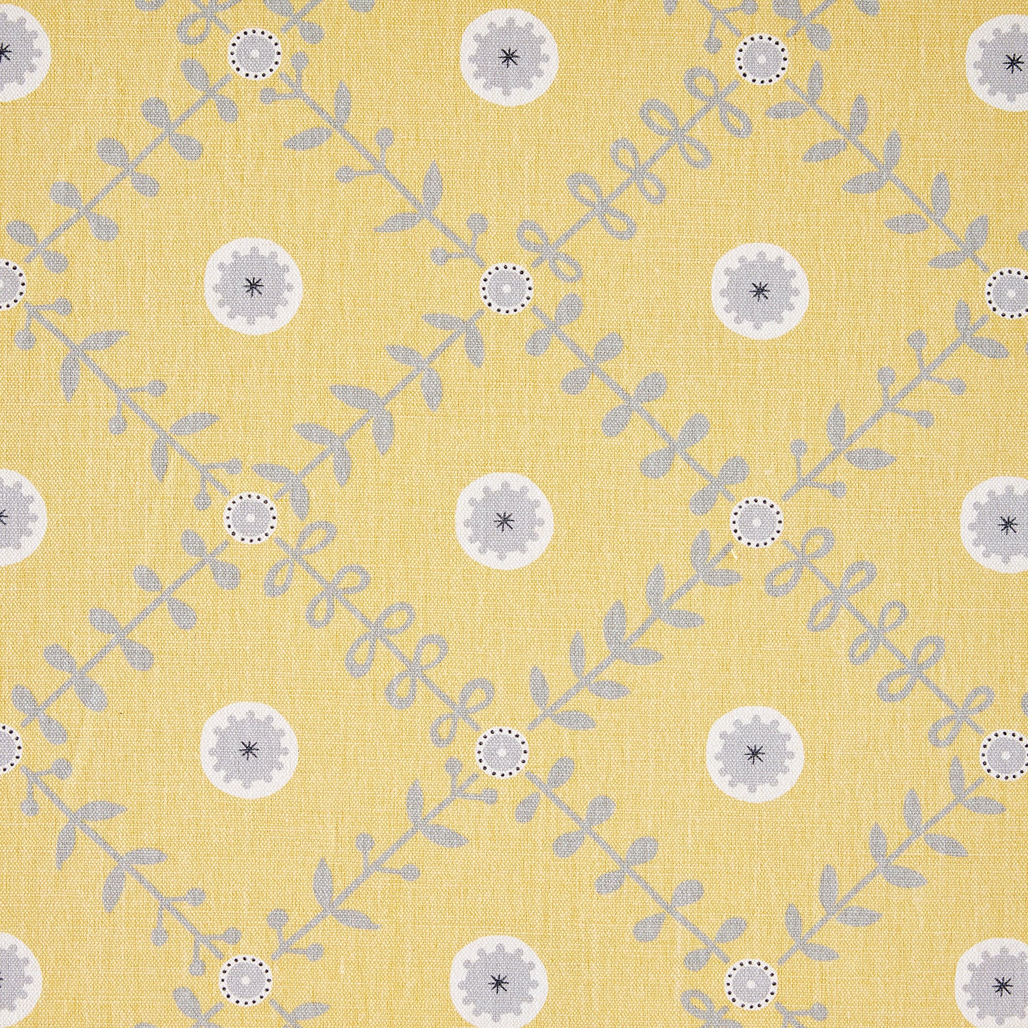 Detail of fabric in a flower and leaf lattice print in gray and white on a yellow field.