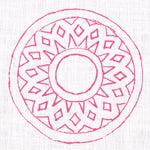 Detail of fabric in a repeating circular geometric print in fuchsia on a white field.