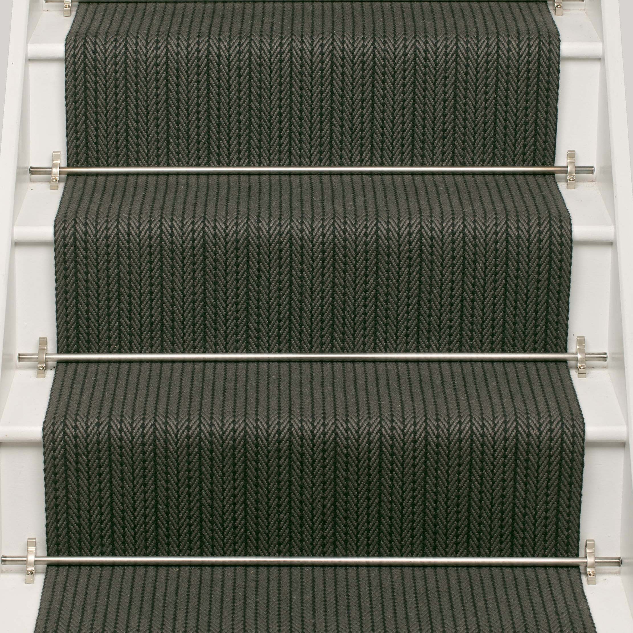 Striped flatweave runner in dark grey on white staircase