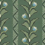 Wallpaper detail in a painterly botanical stripe pattern in shades of forest green with accents of blue and ivory. 