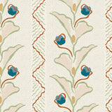 Wallpaper detail in a painterly botanical stripe pattern in sage green and pastel pink with accents of blue and red on a cream field. 