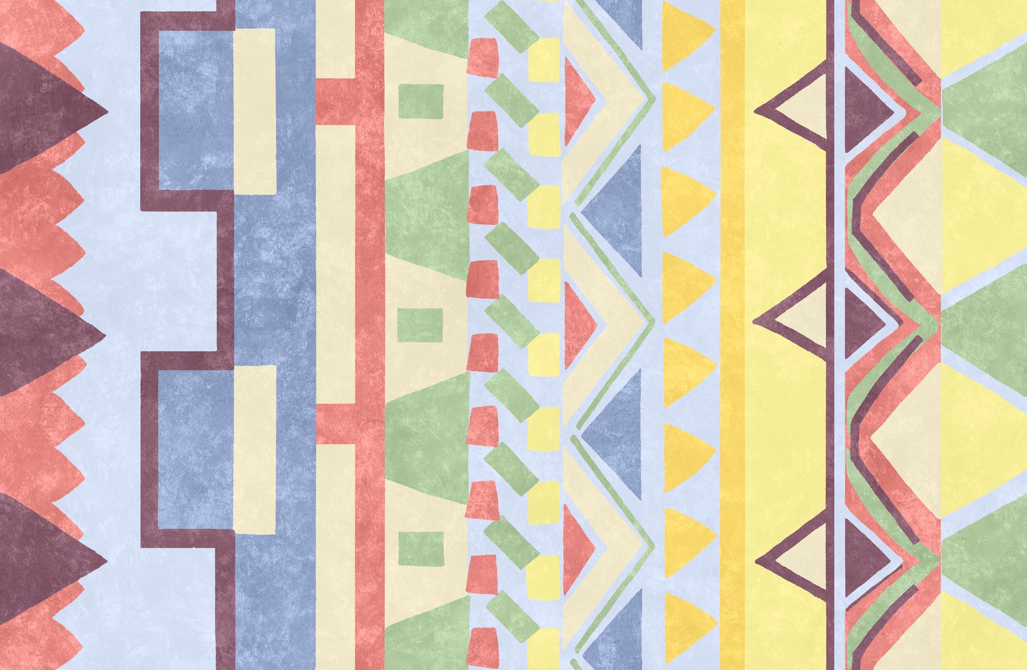 Detail of wallpaper in a playful geometric stripe in a rainbow of pastel shades.