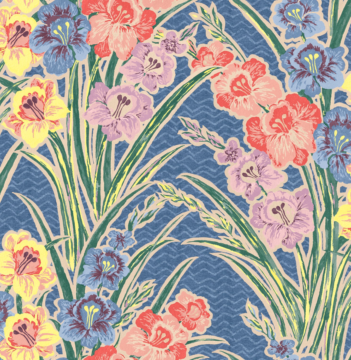 Detail of wallpaper in a large-scale floral pattern in a rainbow of pastels on a blue field.