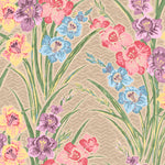 Detail of wallpaper in a large-scale floral pattern in a rainbow of pastels on a tan field.