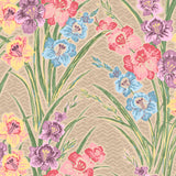 Detail of wallpaper in a large-scale floral pattern in a rainbow of pastels on a tan field.