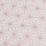 Fabric yardage with an embroidered floral lattice print in light purple on a cream field.
