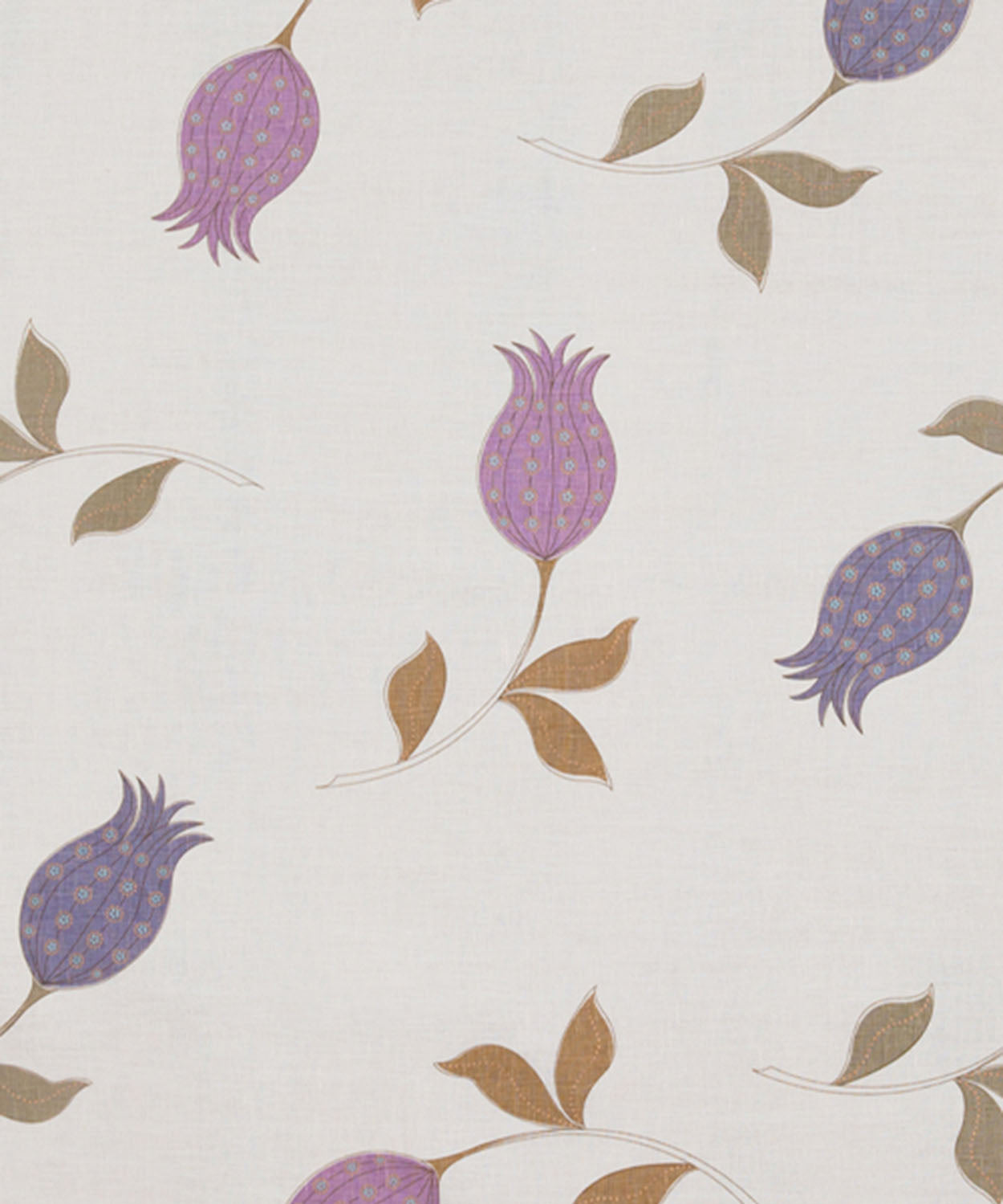 Fabric with a large-scale tulip print in shades of purple and brown on a cream field.