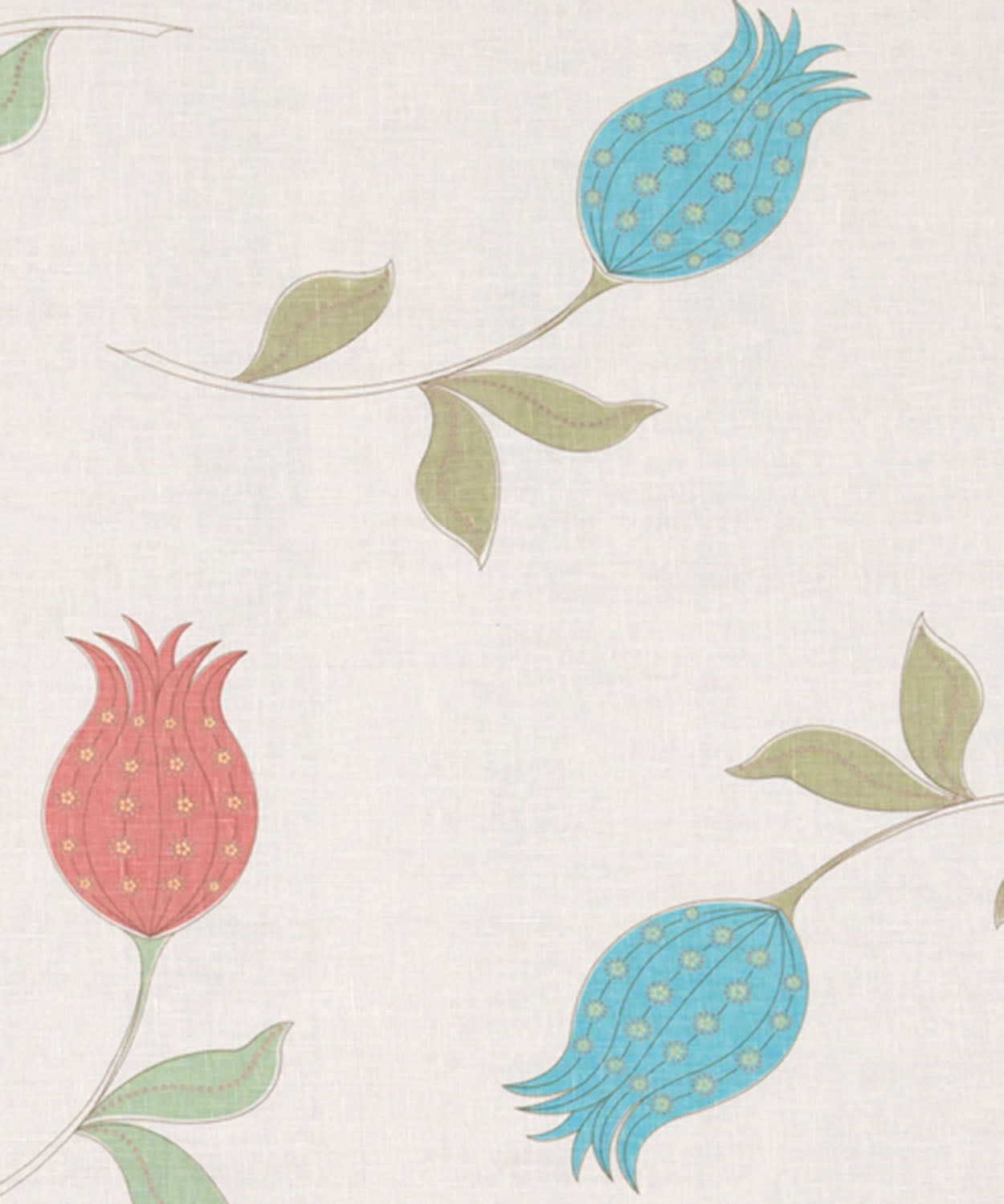 Detail of fabric with a large-scale tulip print in shades of red, blue and green on a cream field.