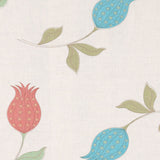 Detail of fabric with a large-scale tulip print in shades of red, blue and green on a cream field.