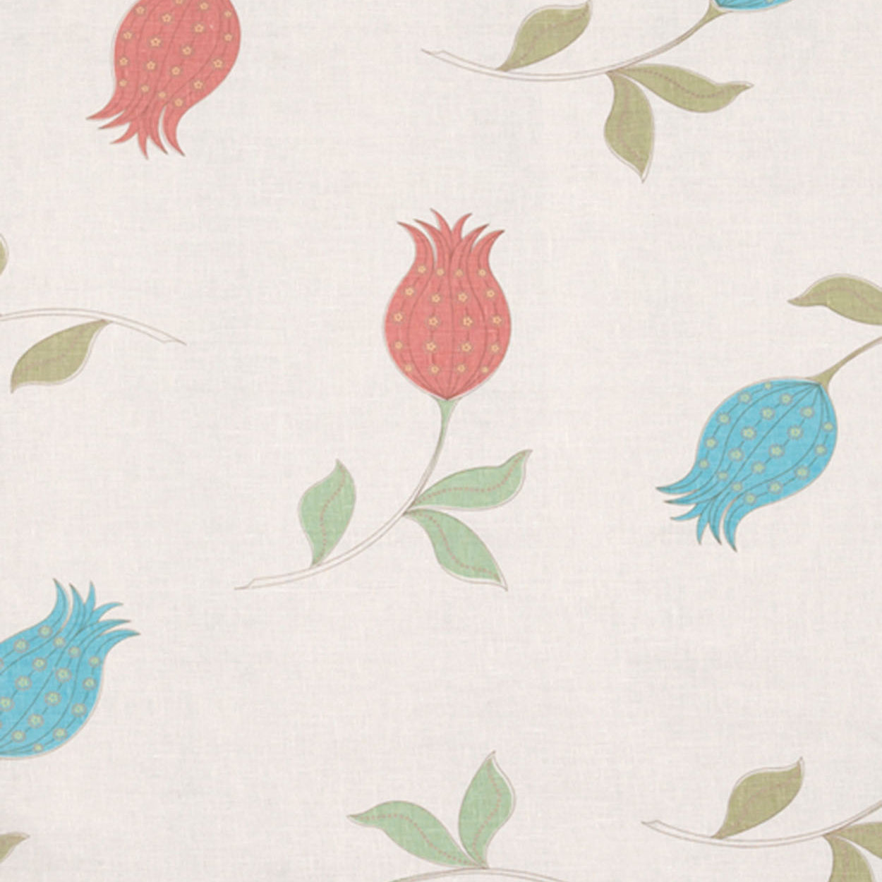 Fabric with a large-scale tulip print in shades of red, blue and green on a cream field.
