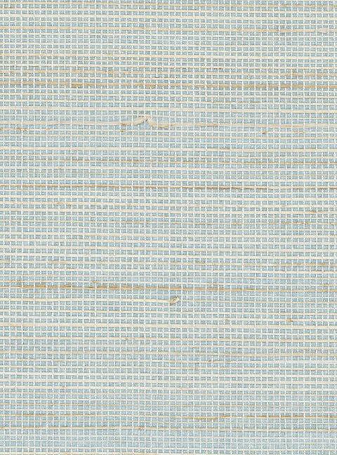 Detail of a grasscloth wallpaper panel with a textured weave in shades of pastel, blue and turquoise.