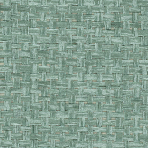 Detail of a paperweave grasscloth wallpaper in mottled blue-green.