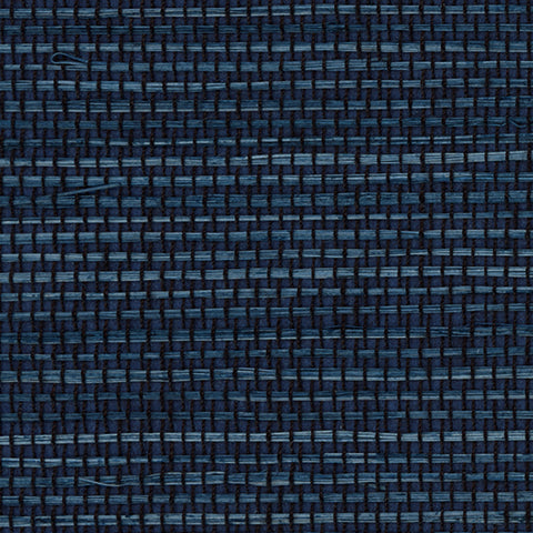Detail of a sisal grasscloth wallpaper in shades of blue on a paper backing.