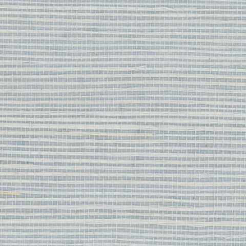 Detail of a sisal grasscloth wallpaper in light gray on a blue-gray paper backing.