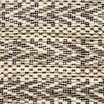 Flatweave rug with graphic herringbone pattern in cream and tan with black accents.