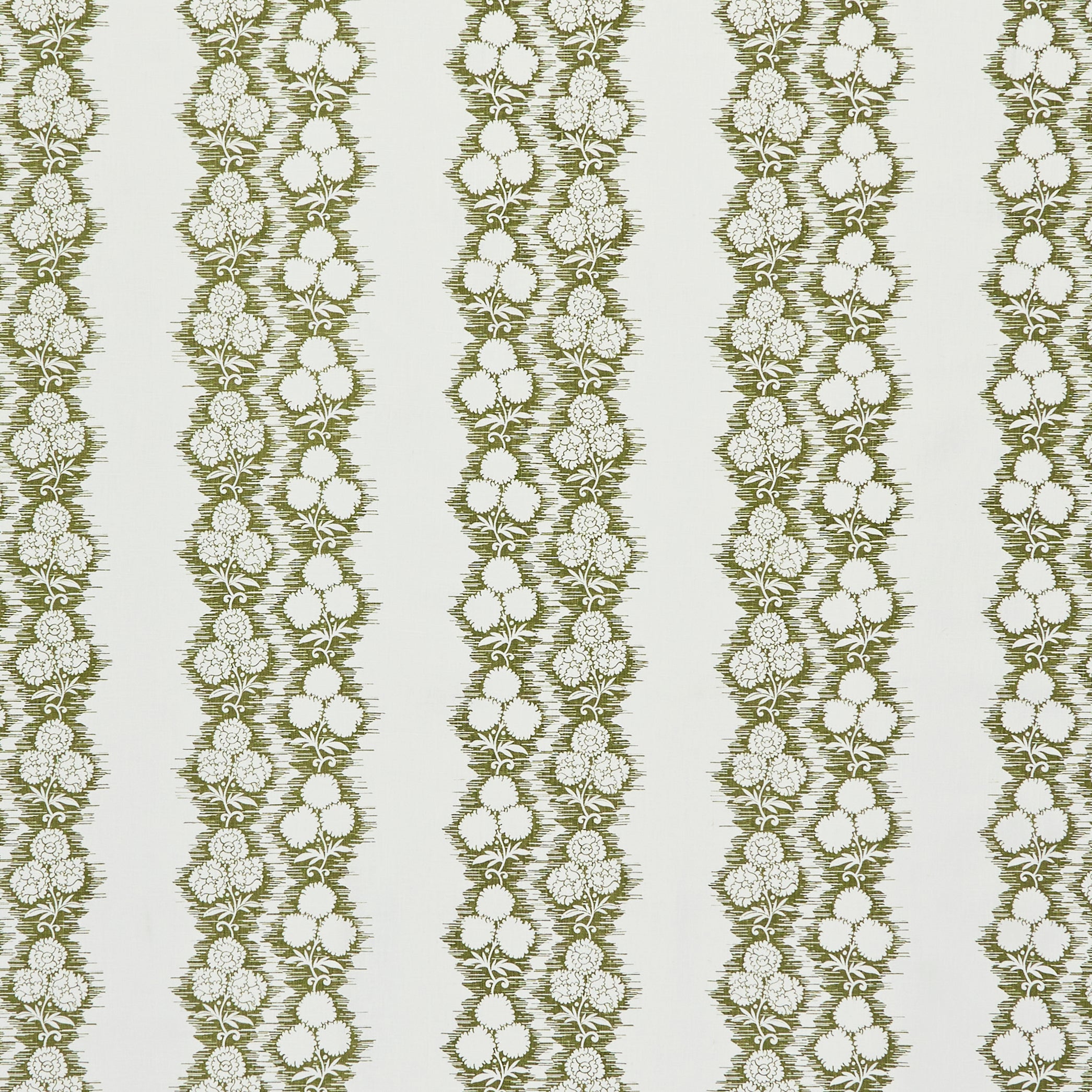 Fabric in a botanical stripe print in olive on a white field.