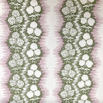 Wallpaper in a botanical stripe print in pink and sage on a white field.