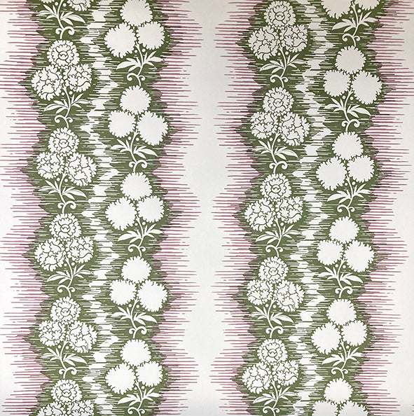 Wallpaper in a botanical stripe print in pink and sage on a white field.